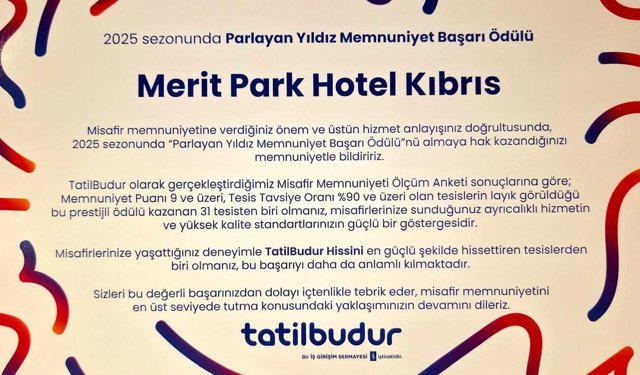 Merit Park Hotel’e TatilBudur’dan “Parlayan Yıldız Memnuniyet Başarı Ödülü”